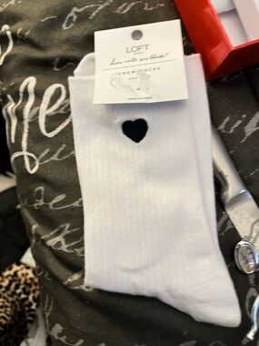 LOFT White Crew Socks with Black Heart Accent